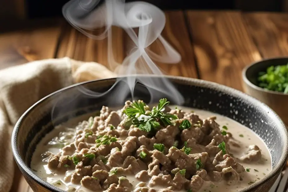 Hearty ground beef skillet dinner with fresh toppings on wood table